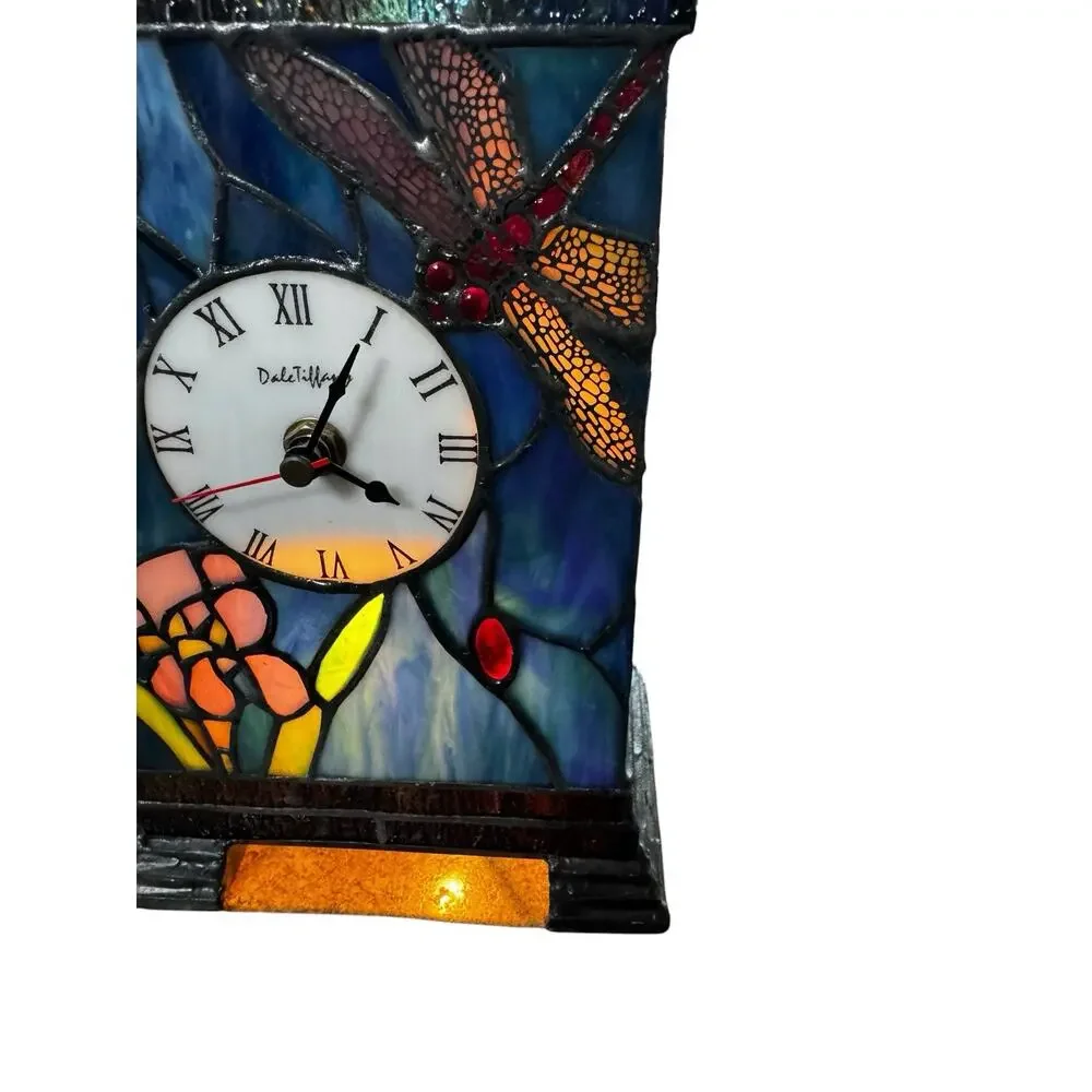 Dale Tiffany Stained Glass Dragonfly Floral Desk Clock Roman Numerals Multicolor